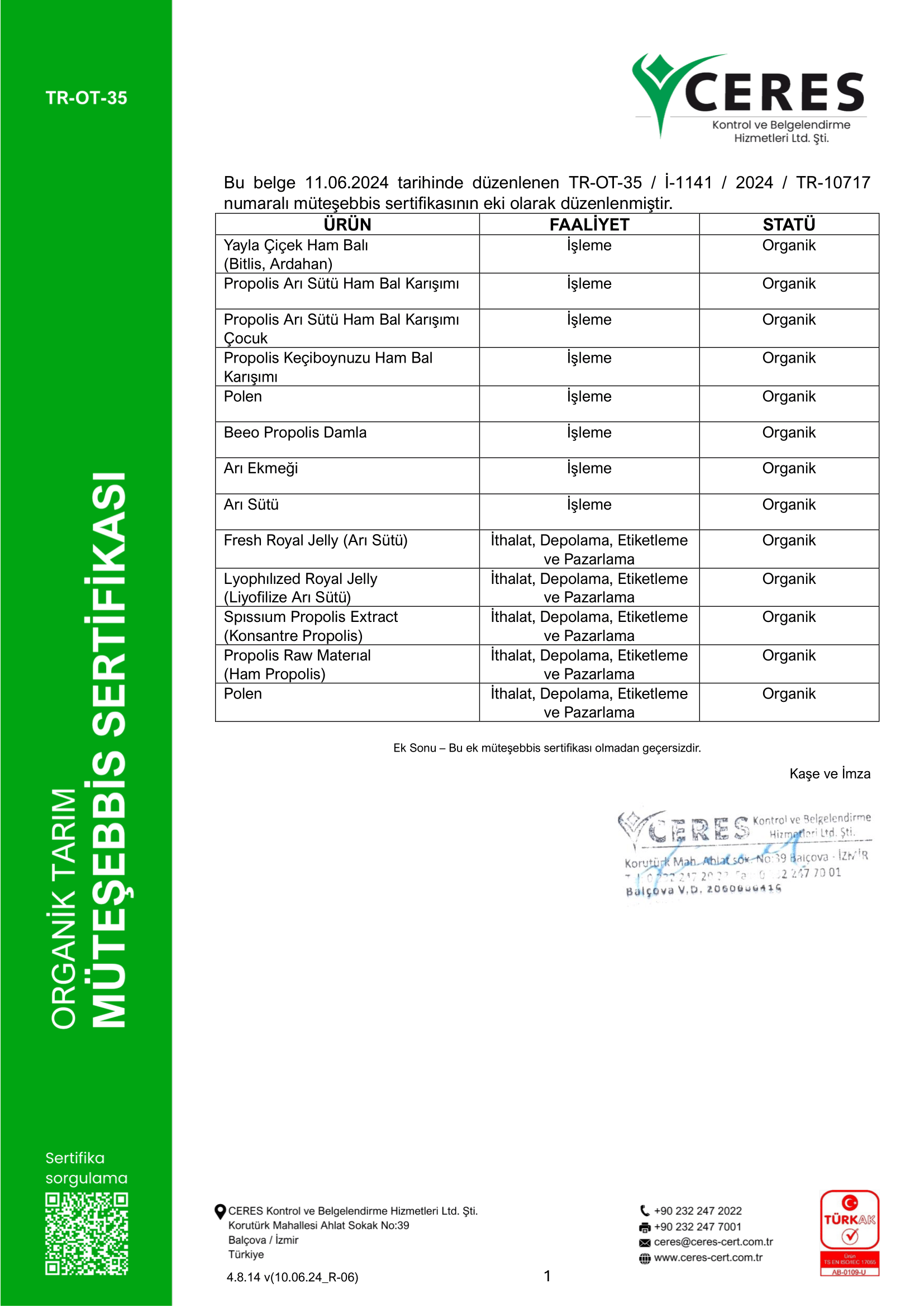 Organik Tarim Müteşebbis Sertifikasi Ürün Listesi 2024